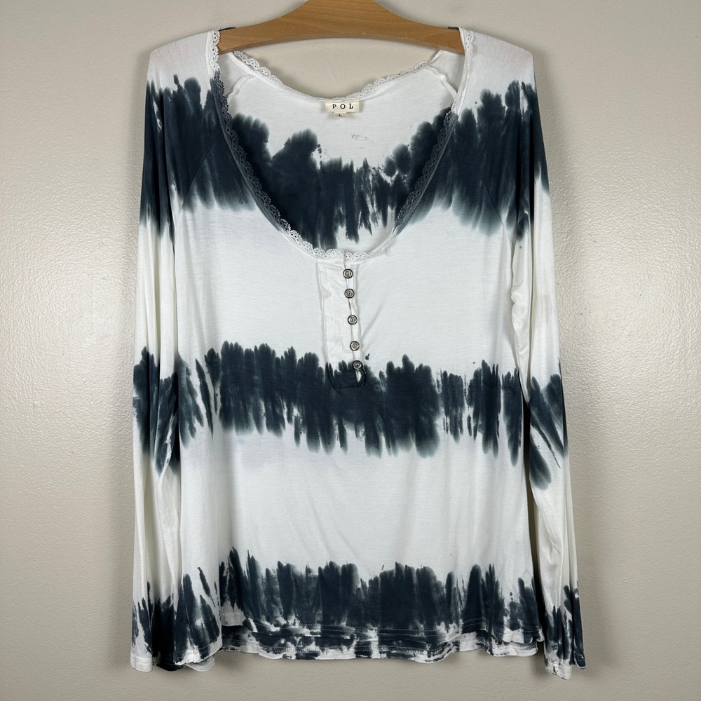 POL Women's Large Henley Top White Black Tie Dye Lace Trim Boho NEW